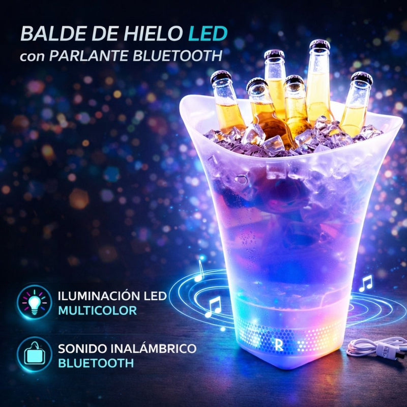 Cubeta para Hielo con Bocina Bluetooth y Luz LED RGB. Hielera Iluminada 5L de Plástico PP Grado Alimenticio. Enfriador de Bebidas para Fiestas, Bar y Eventos
