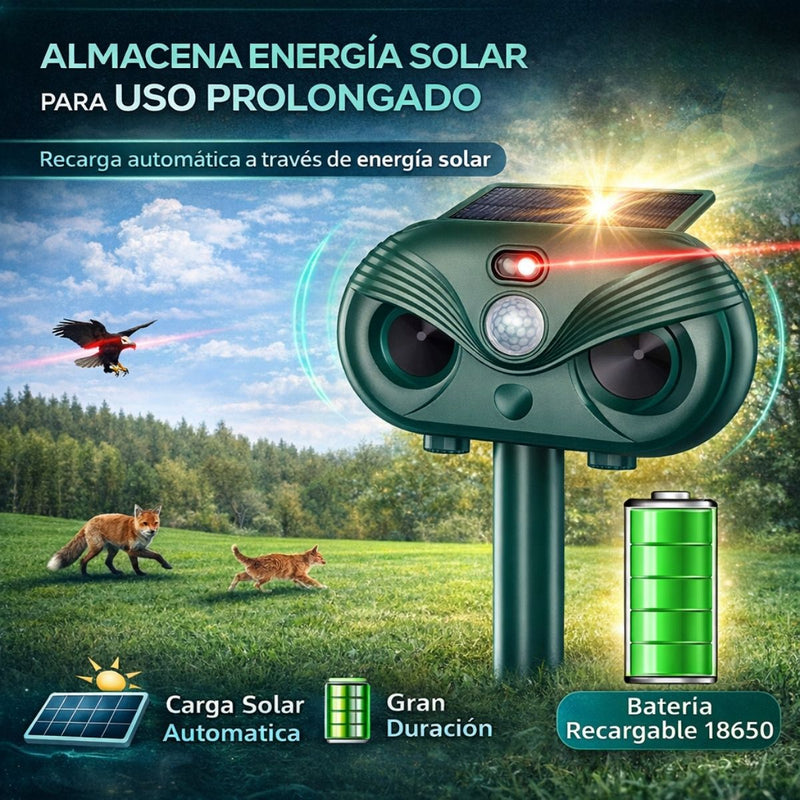 Repelente Solar de Animales Ultrasónico 3 en 1 con Sensor Infrarrojo 120°, Luz LED Estroboscópica y Láser, Impermeable IP54, para Jardín, Huerto y Exterior. Mata Insectos. H7012