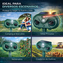 Repelente Solar de Animales Ultrasónico 3 en 1 con Sensor Infrarrojo 120°, Luz LED Estroboscópica y Láser, Impermeable IP54, para Jardín, Huerto y Exterior. Mata Insectos. H7012