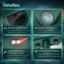 Repelente Solar de Animales Ultrasónico 3 en 1 con Sensor Infrarrojo 120°, Luz LED Estroboscópica y Láser, Impermeable IP54, para Jardín, Huerto y Exterior. Mata Insectos. H7012