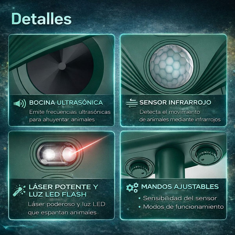 Repelente Solar de Animales Ultrasónico 3 en 1 con Sensor Infrarrojo 120°, Luz LED Estroboscópica y Láser, Impermeable IP54, para Jardín, Huerto y Exterior. Mata Insectos. H7012