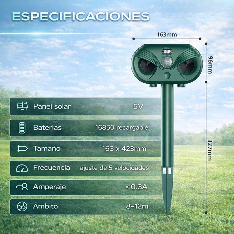 Repelente Solar de Animales Ultrasónico 3 en 1 con Sensor Infrarrojo 120°, Luz LED Estroboscópica y Láser, Impermeable IP54, para Jardín, Huerto y Exterior. Mata Insectos. H7012