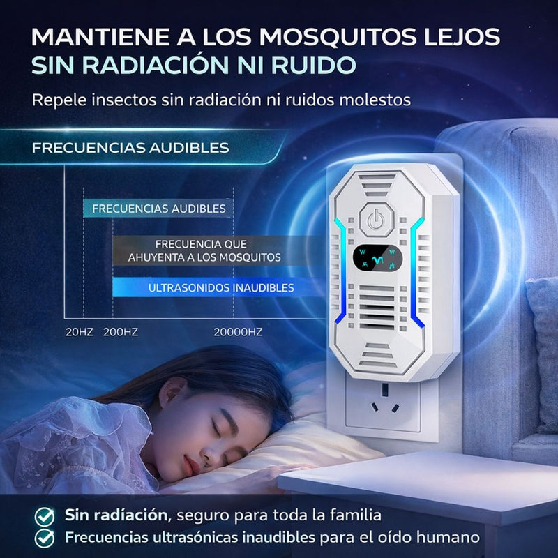 Repelente Ultrasónico de Mosquitos Enchufable 160 m². Control de Plagas Silencioso 20–45 kHz Bajo Consumo. Color Blanco 110V