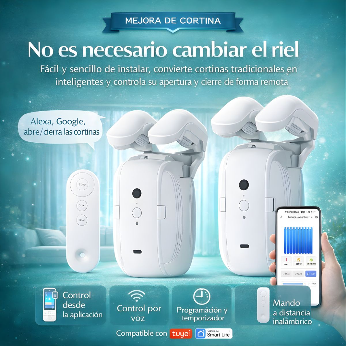 Motor inteligente para cortinas. Robot abre y cierra cortinas. Automatizador de Cortinas WiFi Compatible con Alexa y Google (PAR).