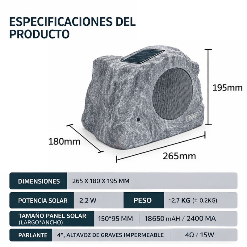 Bocina Bluetooth estilo Piedra con Control Remoto (IP65). Altavoz con Panel solar para Exteriores(26.5×18×19.5cm). Color Gris.