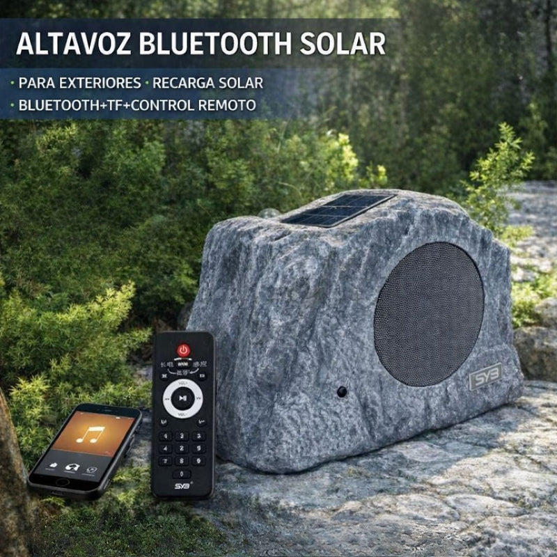 Bocina Bluetooth estilo Piedra con Control Remoto (IP65). Altavoz con Panel solar para Exteriores(26.5×18×19.5cm). Color Gris.