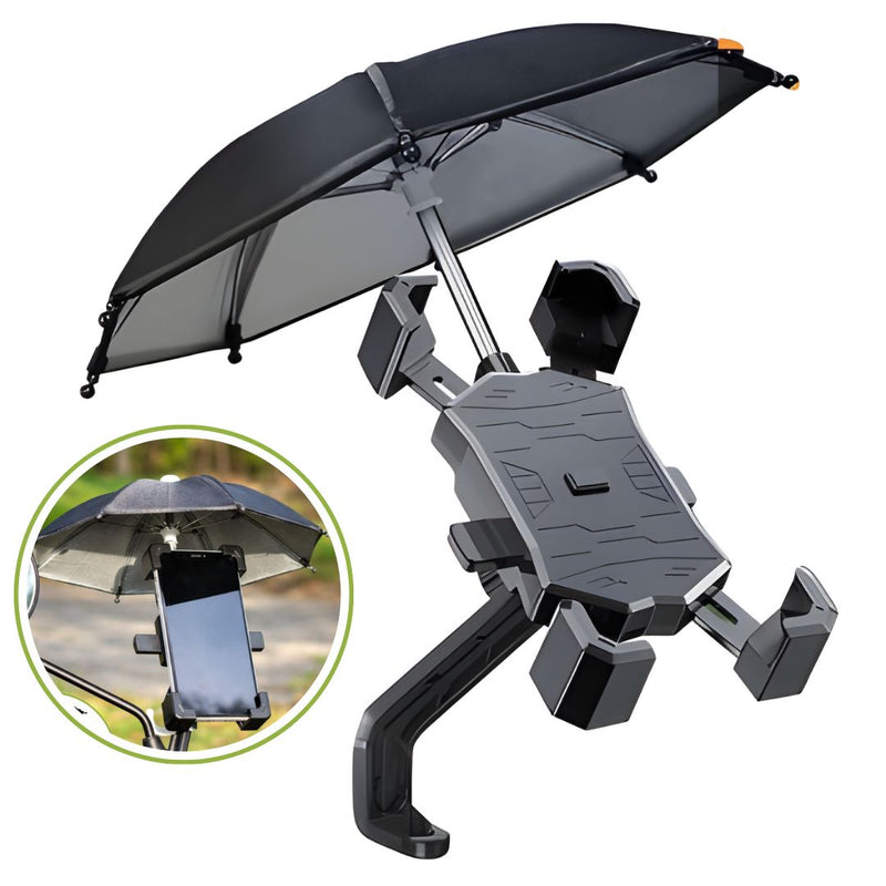 Soporte para Celular con Sombrilla para Motocicleta y Bicicleta. Porta Teléfono Ajustable hasta 7.1" para Manubrio con Mini Paraguas.