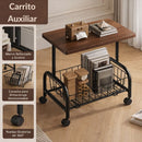 Mesa Carrito Auxiliar con Ruedas de 360°. Mesa Central Moderna Cesta Metálica. Coffee Table. Sobre Color Madera y Base Negra 43x30x54cm.