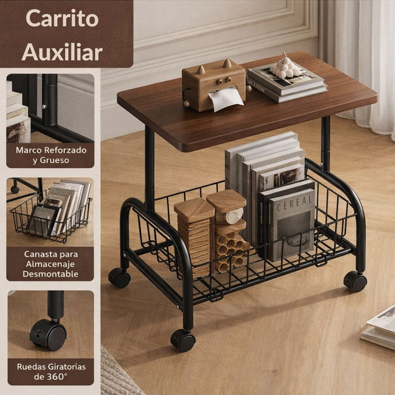 Mesa Carrito Auxiliar con Ruedas de 360°. Mesa Central Moderna Cesta Metálica. Coffee Table. Sobre Color Madera y Base Negra 43x30x54cm.