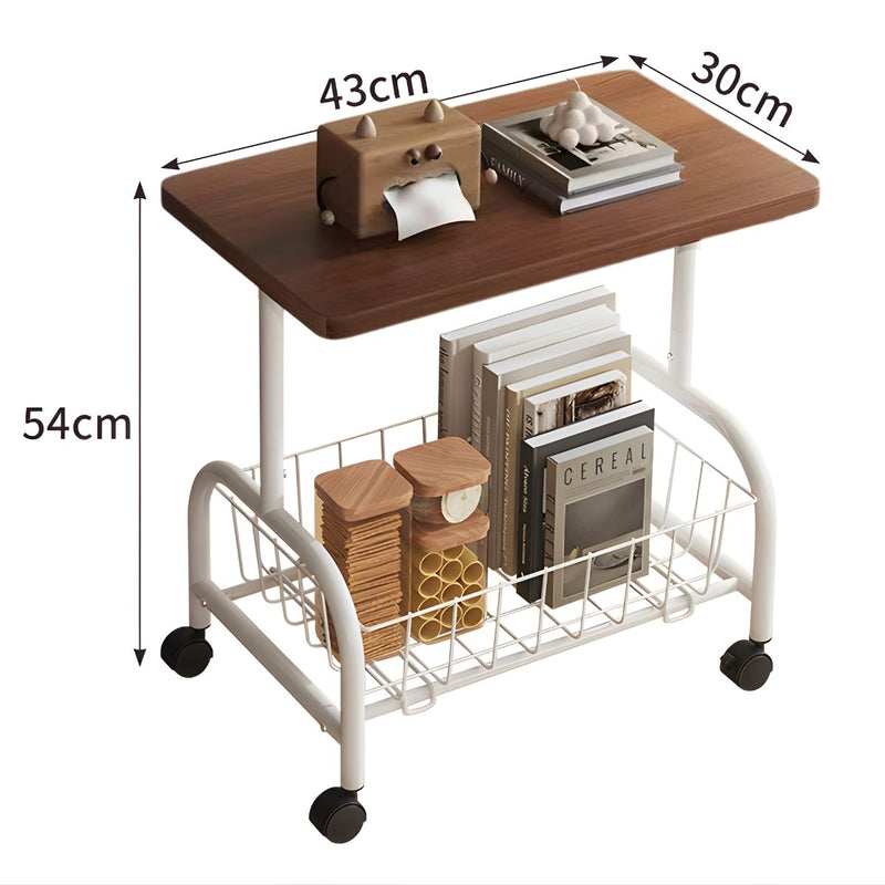 Mesa Carrito Auxiliar con Ruedas de 360°. Mesa Central Moderna Cesta Metálica. Coffee Table. Sobre Color Madera y Base Blanca 43x30x54cm.