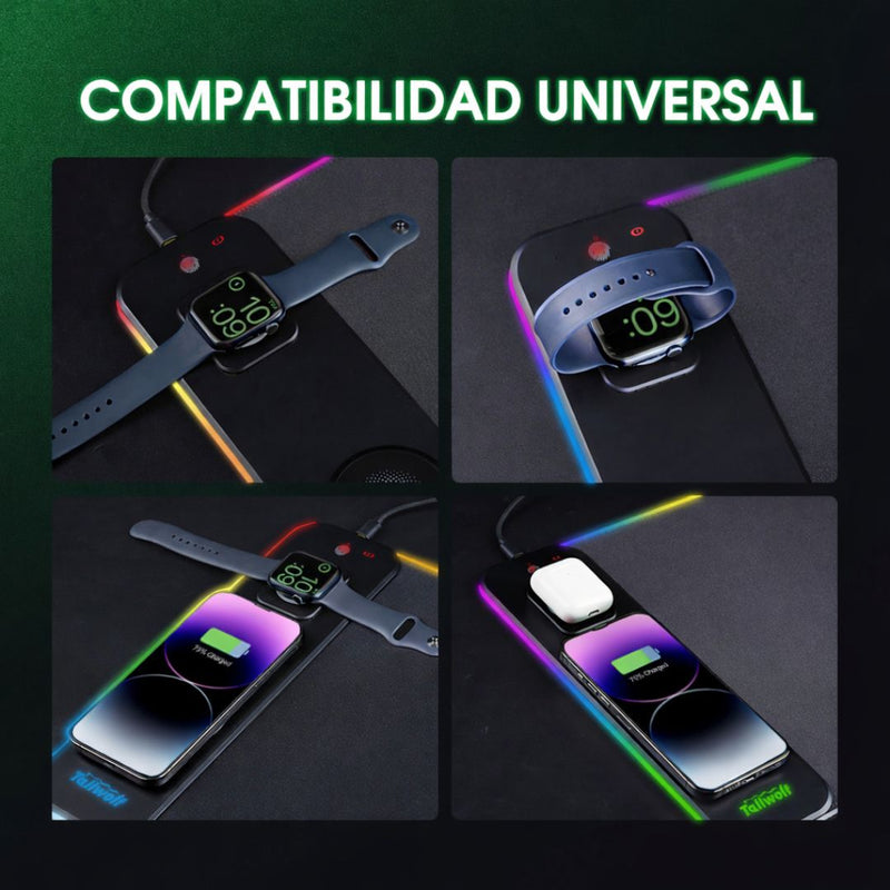 Mouse Pad Gamer RGB XL con Carga Inalámbrica 20w 3 en 1 (800 x 300 mm). Alfombrilla Gaming con Iluminación Multicolor y Base Antideslizante.