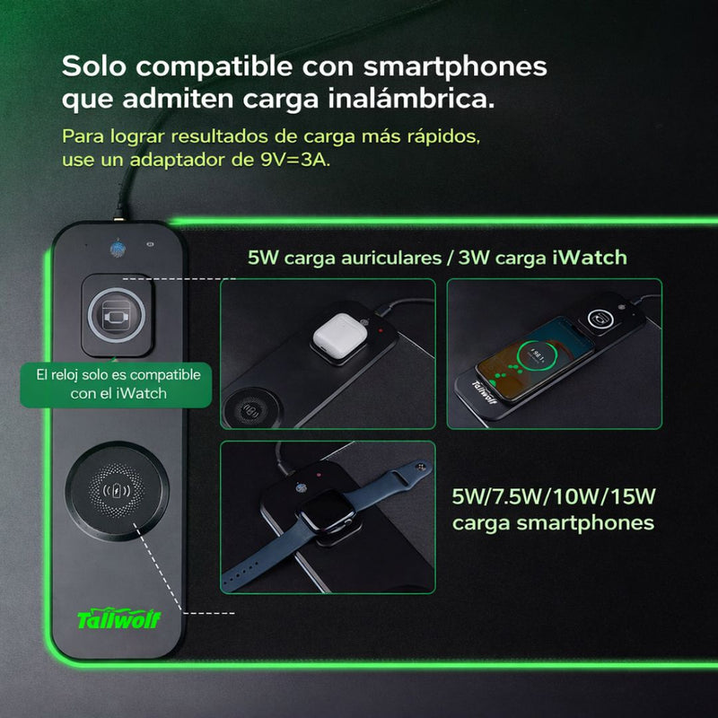 Mouse Pad Gamer RGB XL con Carga Inalámbrica 20w 3 en 1 (800 x 300 mm). Alfombrilla Gaming con Iluminación Multicolor y Base Antideslizante.