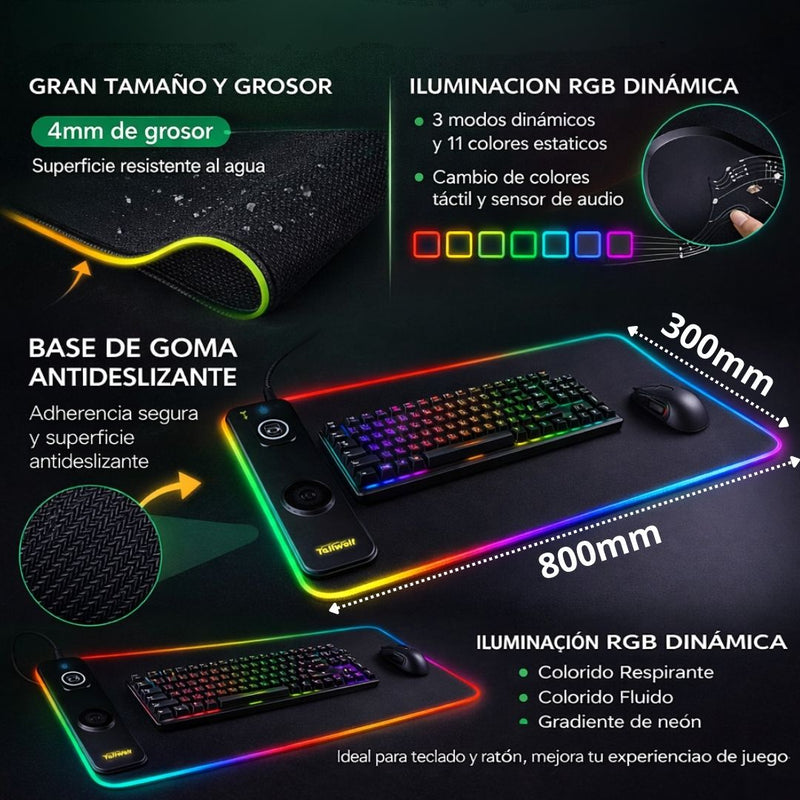 Mouse Pad Gamer RGB XL con Carga Inalámbrica 20w 3 en 1 (800 x 300 mm). Alfombrilla Gaming con Iluminación Multicolor y Base Antideslizante.