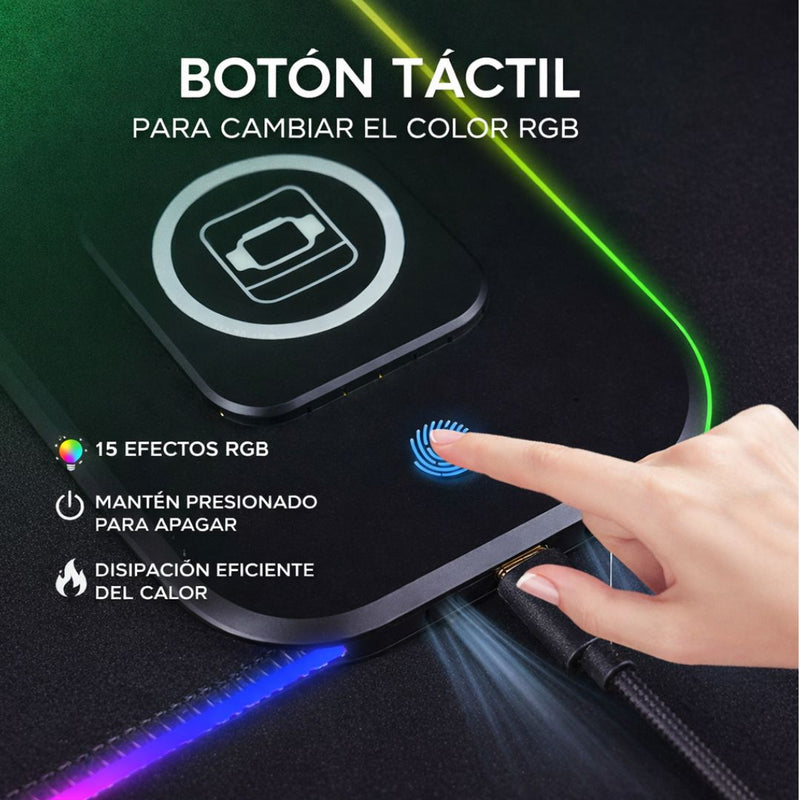 Mouse Pad Gamer RGB XL con Carga Inalámbrica 20w 3 en 1 (800 x 300 mm). Alfombrilla Gaming con Iluminación Multicolor y Base Antideslizante.