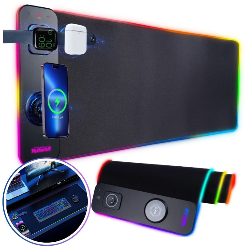 Mouse Pad Gamer RGB XL con Carga Inalámbrica 20w 3 en 1 (800 x 300 mm). Alfombrilla Gaming con Iluminación Multicolor y Base Antideslizante.