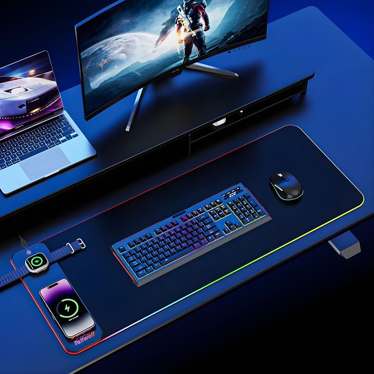 Mouse Pad Gamer RGB XL con Carga Inalámbrica 20w 3 en 1 (800 x 300 mm). Alfombrilla Gaming con Iluminación Multicolor y Base Antideslizante.