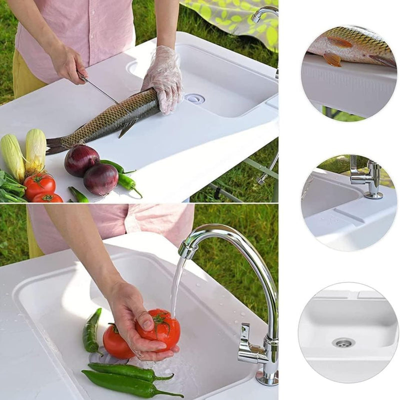Mesa Plegable Portátil con Fregadero Integrado Para Camping, Playa y Jardin. Color Blanco. 1160x600x860MM.
