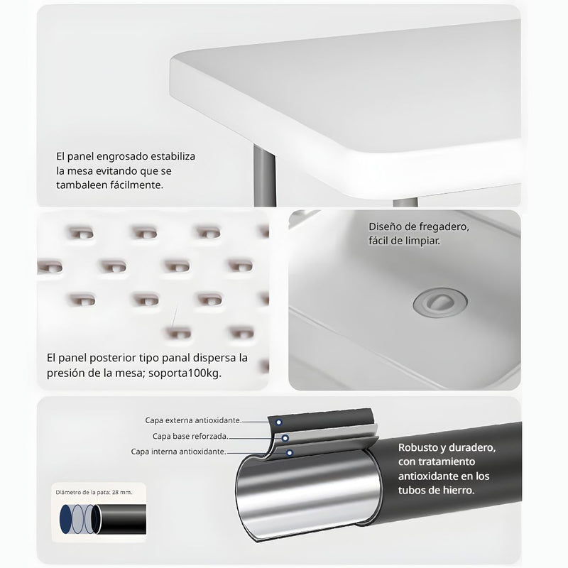 Mesa Plegable Portátil con Fregadero Integrado Para Camping, Playa y Jardin. Color Blanco. 1160x600x860MM.