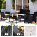 Mesa y Sillas con Cojines para Terraza En Rattan PE. Juego De Muebles Para Exteriores. Mesa De Tope De Vidrio Templado (4unds) Color Negro. Viene desarmado