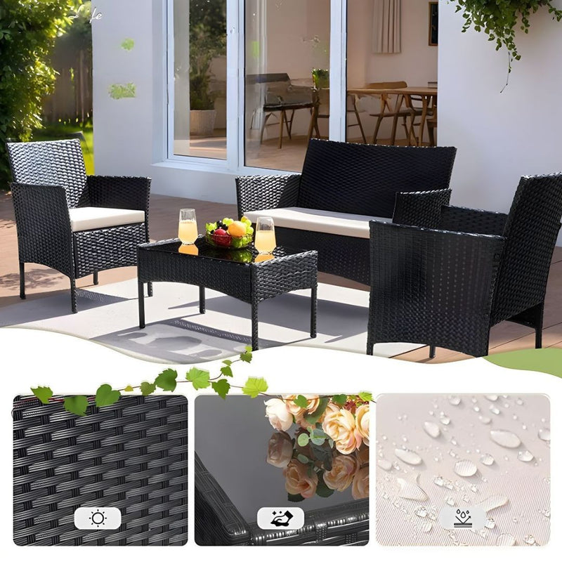 Mesa y Sillas con Cojines para Terraza En Rattan PE. Juego De Muebles Para Exteriores. Mesa De Tope De Vidrio Templado (4unds) Color Negro. Viene desarmado