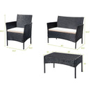 Mesa y Sillas con Cojines para Terraza En Rattan PE. Juego De Muebles Para Exteriores. Mesa De Tope De Vidrio Templado (4unds) Color Negro. Viene desarmado