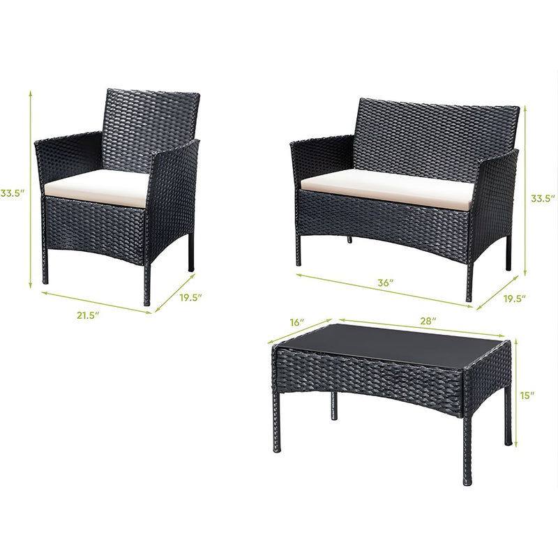 Mesa y Sillas con Cojines para Terraza En Rattan PE. Juego De Muebles Para Exteriores. Mesa De Tope De Vidrio Templado (4unds) Color Negro. Viene desarmado