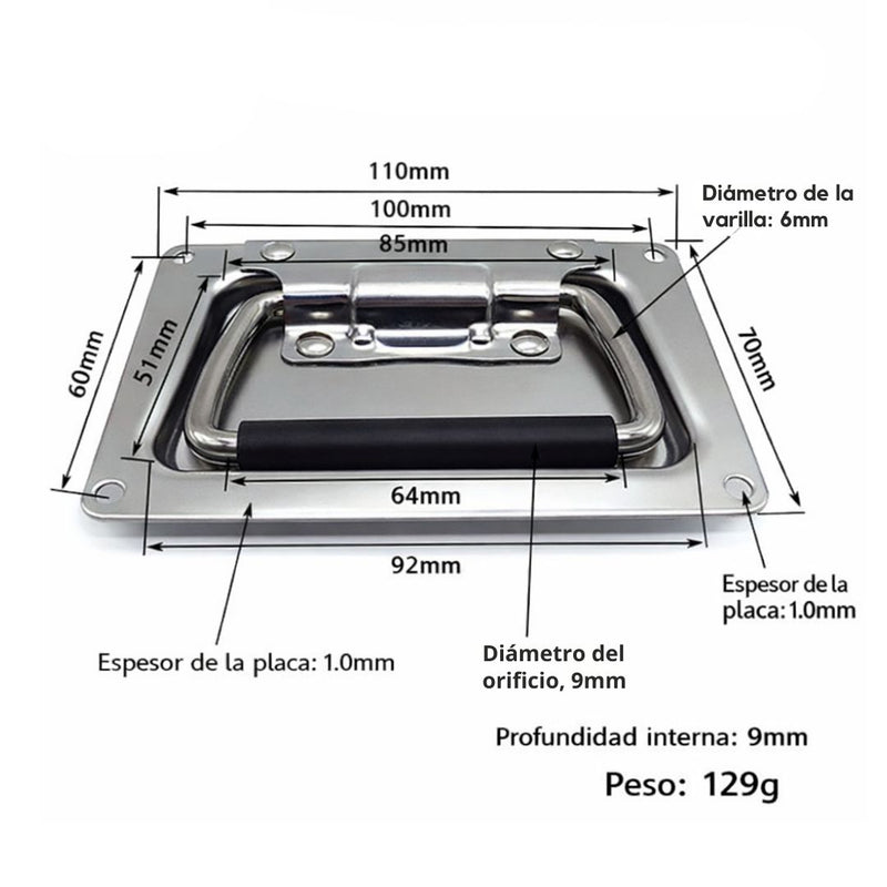 Tirador Empotrable Rectangular con Agarre de Goma. Manija Asa Plegable Industrial acero inoxidable 304 sin resorte (110mm). 609