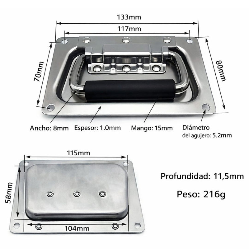 Tirador Empotrable Rectangular con Agarre de Goma. Manija Asa Plegable Industrial acero inoxidable 304 sin resorte (132mm). 607