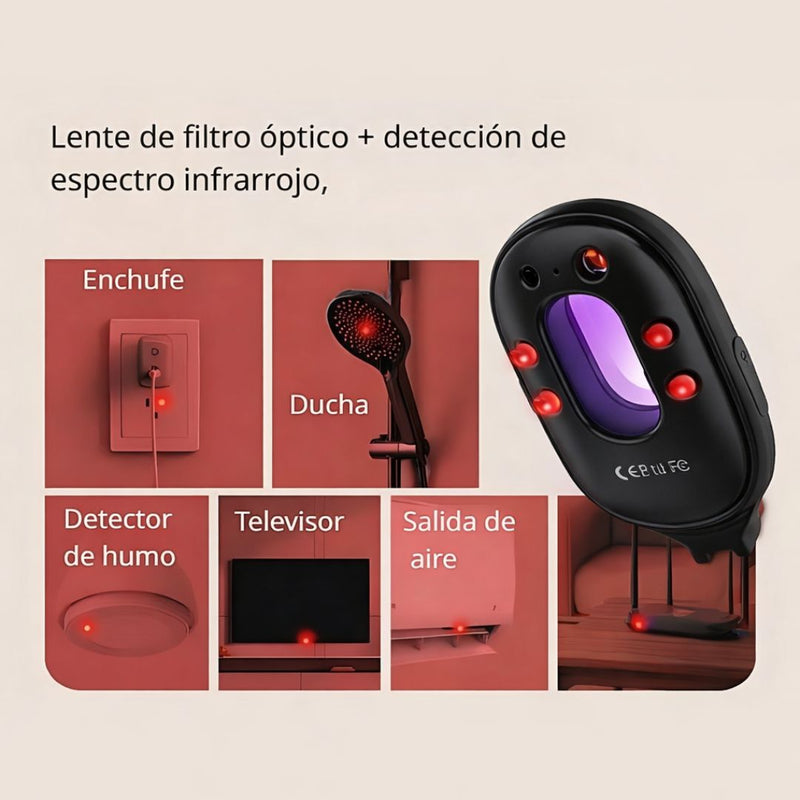 Detector de Cámaras Ocultas Infrarrojo Con Alcance de Hasta 5 Metros. Sensor Con Alarma Antirrobo y Linterna LED. Dispositivo de Protección Anti-espía.