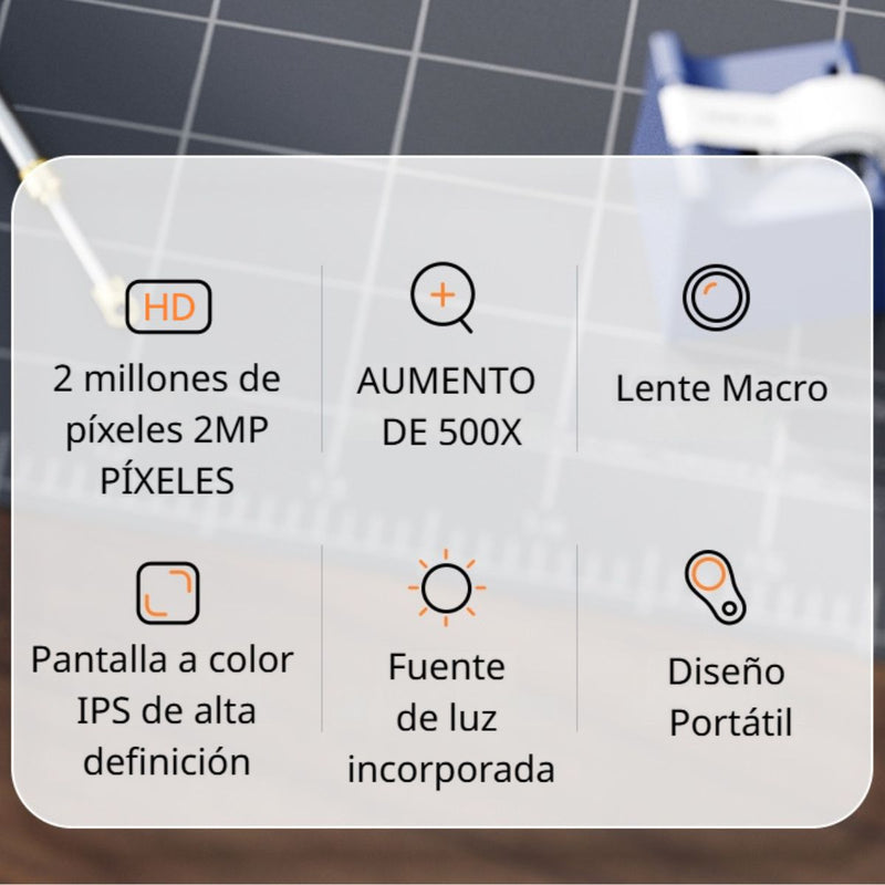 Lupa Digital Portátil 500X con Pantalla IPS 2”. Microscopio digital portátil 8 Luces LED. Batería Recargable.