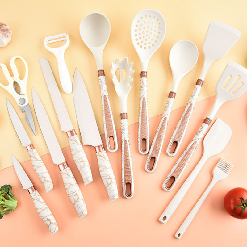 Cucharones De Cocina, Espátula. Set de Utensilios de Cocina Premium 16 Piezas con Soporte. Color Blanco Marmolado.