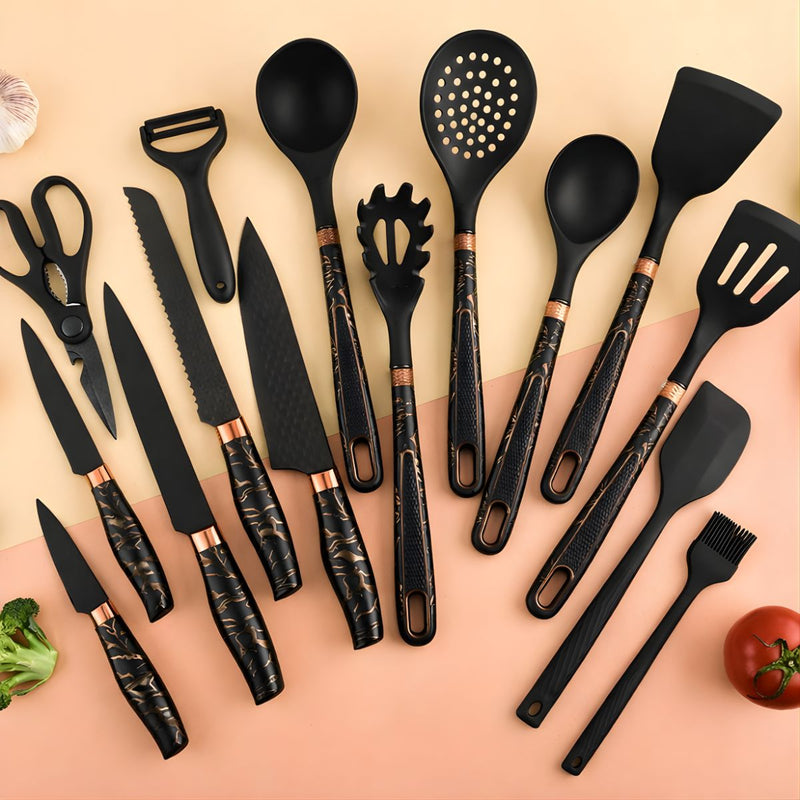 Cucharones De Cocina, Espátula. Set de Utensilios de Cocina Premium 16 Piezas con Soporte. Color Negro Marmolado.
