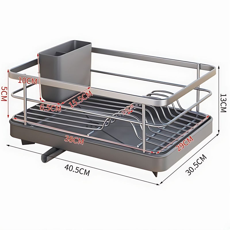 Escurridor de Platos con Bandeja de Drenaje y Porta Cubiertos de Acero Inoxidable 40.5x13x30.5 (Color Gris).