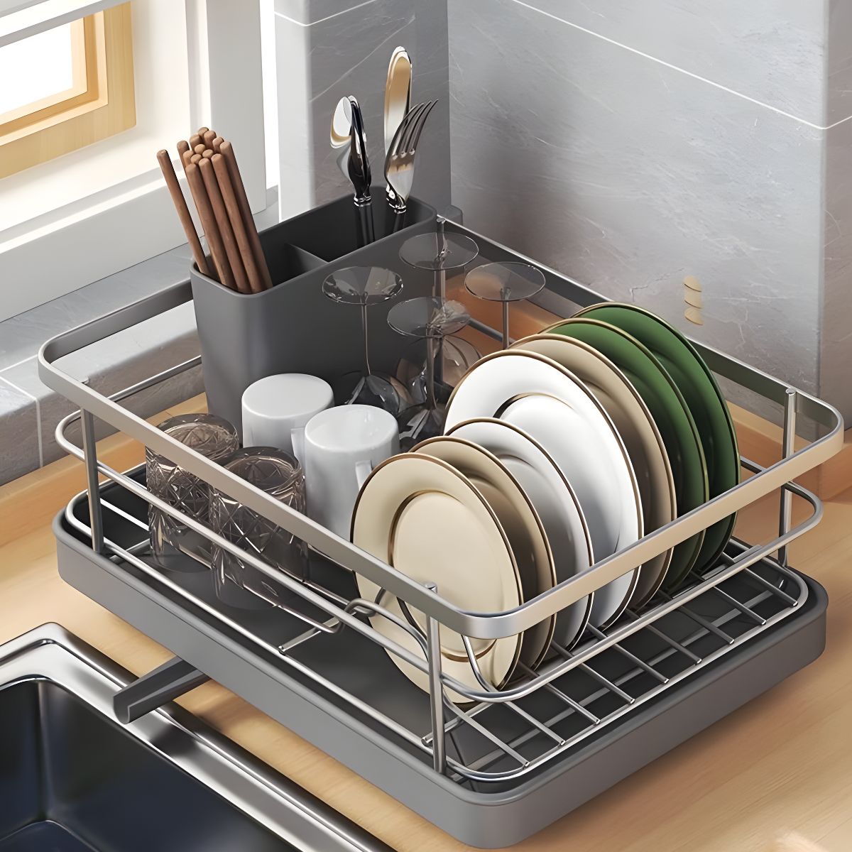Escurridor de Platos con Bandeja de Drenaje y Porta Cubiertos de Acero Inoxidable 40.5x13x30.5 (Color Gris).