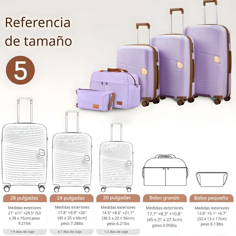 Maletas Equipaje De Viaje Con Candado De Combinación Integrado. Set de 2 Maletas Rígidas de Ruedas 360° + 2 Bolsos de Mano. (5 pzas)