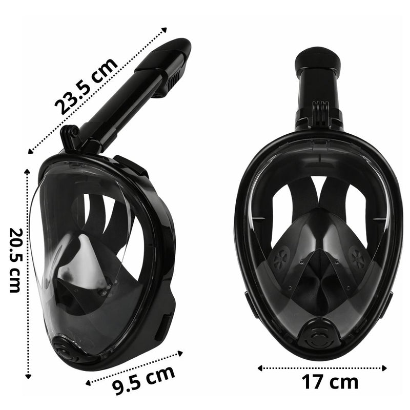 Máscara de Snorkel buceo Full Face Antifugas. Careta de Visión 180° con Ajuste Ergonómico. Incluye Bolsita de Almacenamiento. Tallas L/XL. Color Negro.