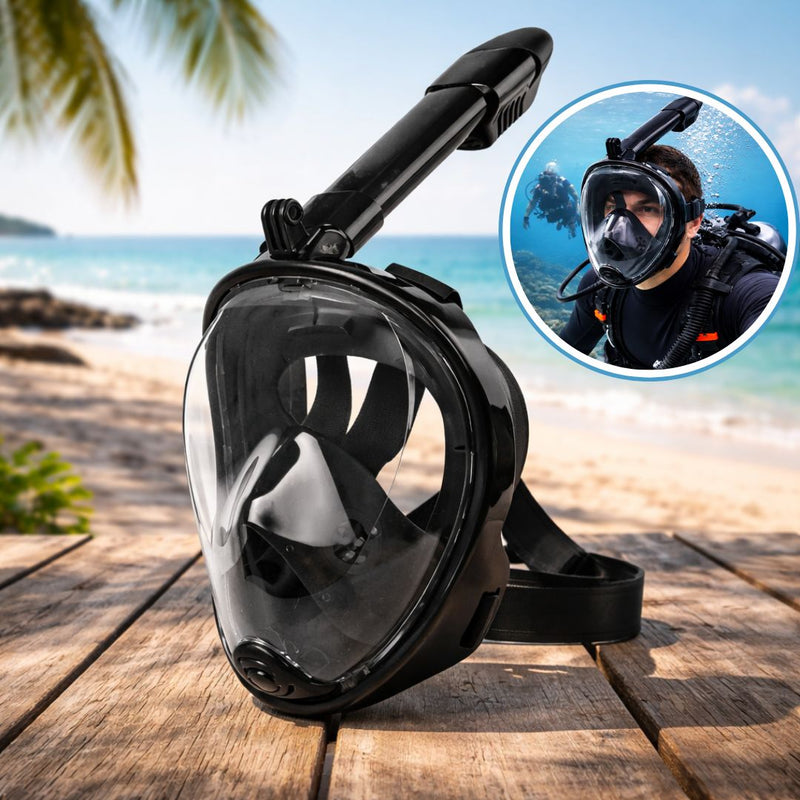 Máscara de Snorkel buceo Full Face Antifugas. Careta de Visión 180° con Ajuste Ergonómico. Incluye Bolsita de Almacenamiento. Tallas L/XL. Color Negro.