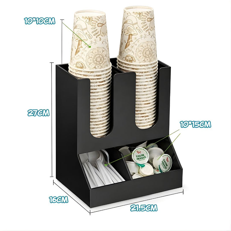 Organizador de Vasos De Café. Dispensador de Vasos Desechables con Compartimientos para cafeterias. Color Negro (27x21.5x16cm).