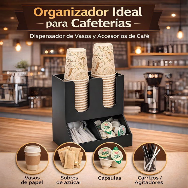 Organizador de Vasos De Café. Dispensador de Vasos Desechables con Compartimientos para cafeterias. Color Negro (27x21.5x16cm).
