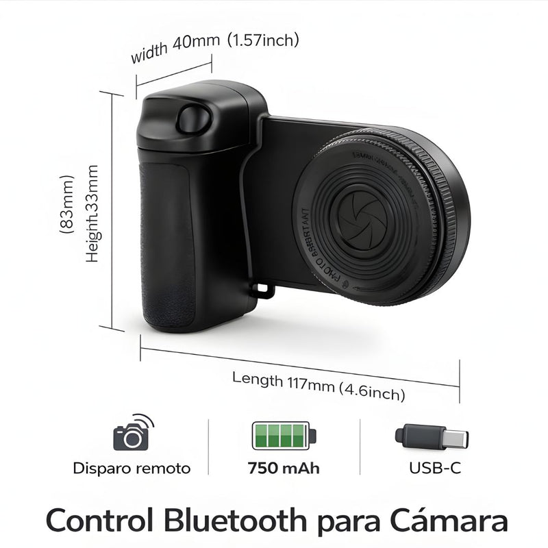 Luz LED para Celular con Control Bluetooth 750mAh. Aro de Luz Portátil Recargable USB-C con Brillo Ajustable y Conexión Magnética. Color Negro (11.7x4x8.3cm).