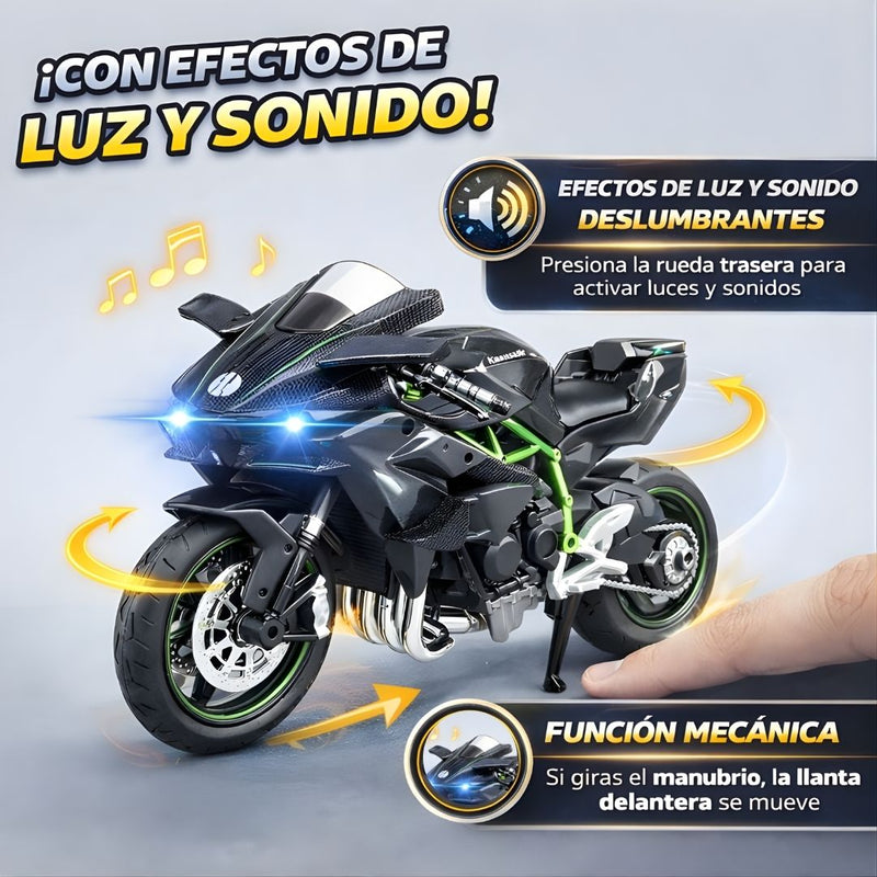 Juguete de Motocicleta Kawasaki Ninja H2R con Luz LED y Sonido. Modelo a Escala 1:12 para Colección. Color Gris (17.6x5.6x9cm).