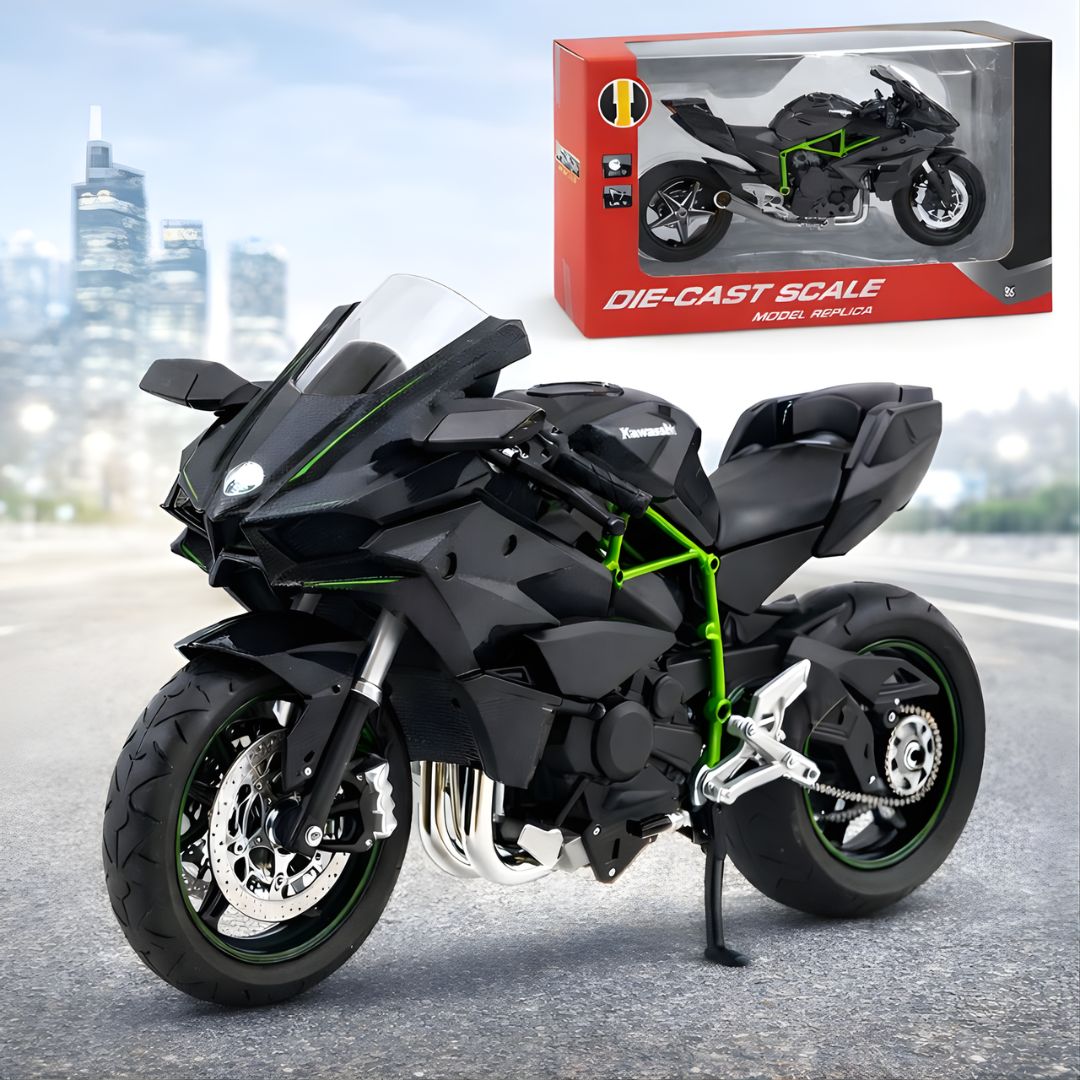 Juguete de Motocicleta Kawasaki Ninja H2R con Luz LED y Sonido. Modelo a Escala 1:12 para Colección. Color Gris (17.6x5.6x9cm).