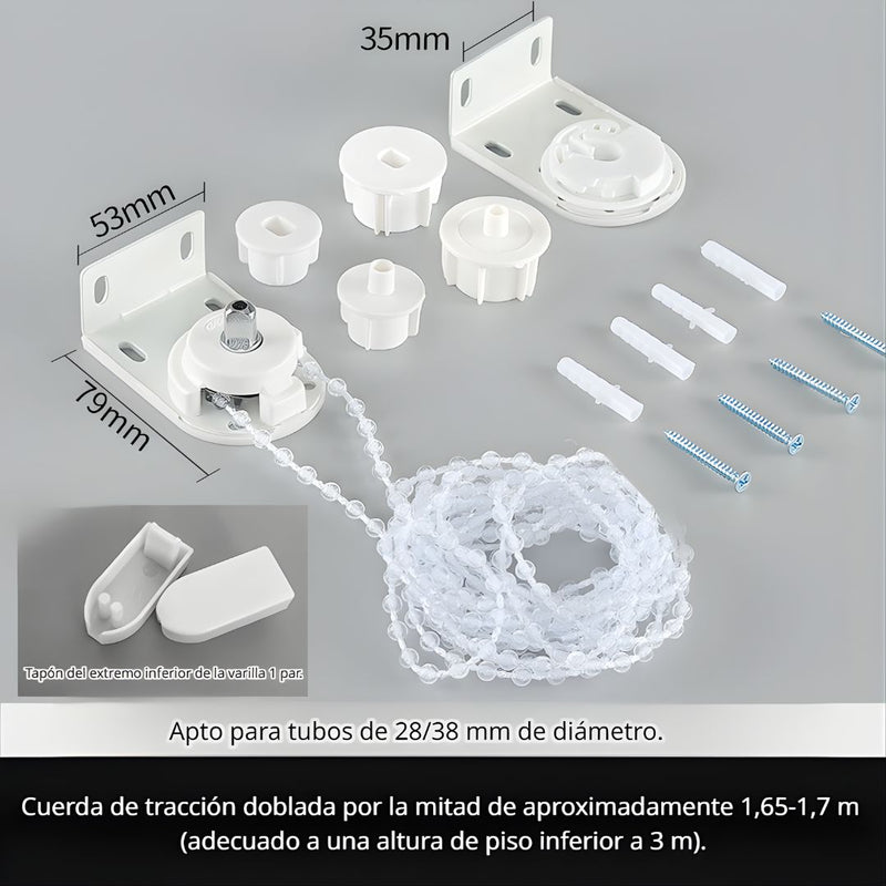 Soporte para Persianas Enrollables de 28mm y 38mm con Cadena de Bolas 1.7m. Set de Repuesto para Cortinas Roller.