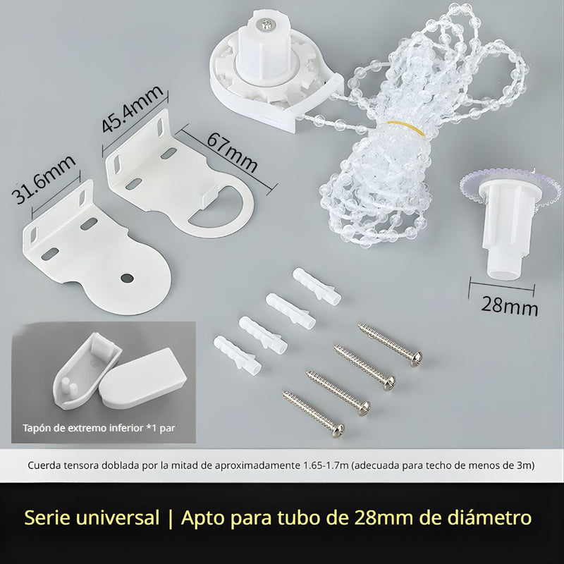 Soporte para Persianas Enrollables de 28mm con Cadena de Bolas 1.7m. Set de Repuesto para Cortinas Roller.