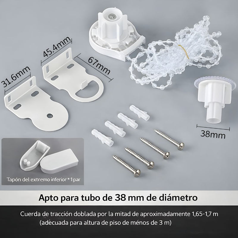 Soporte para Persianas Enrollables de 38mm con Cadena de Bolas 1.7m. Set de Repuesto para Cortinas Roller.