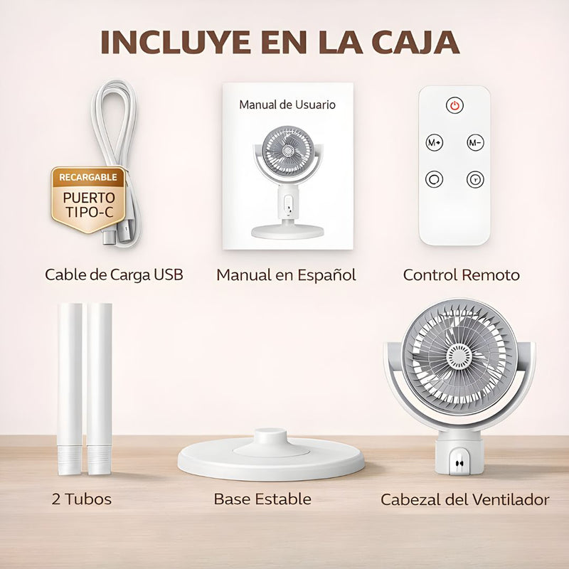 Ventilador Recargable Portátil con Control Remoto. Abanico plegable de 5 Velocidades y 3 niveles de altura ajustables. 4000mah