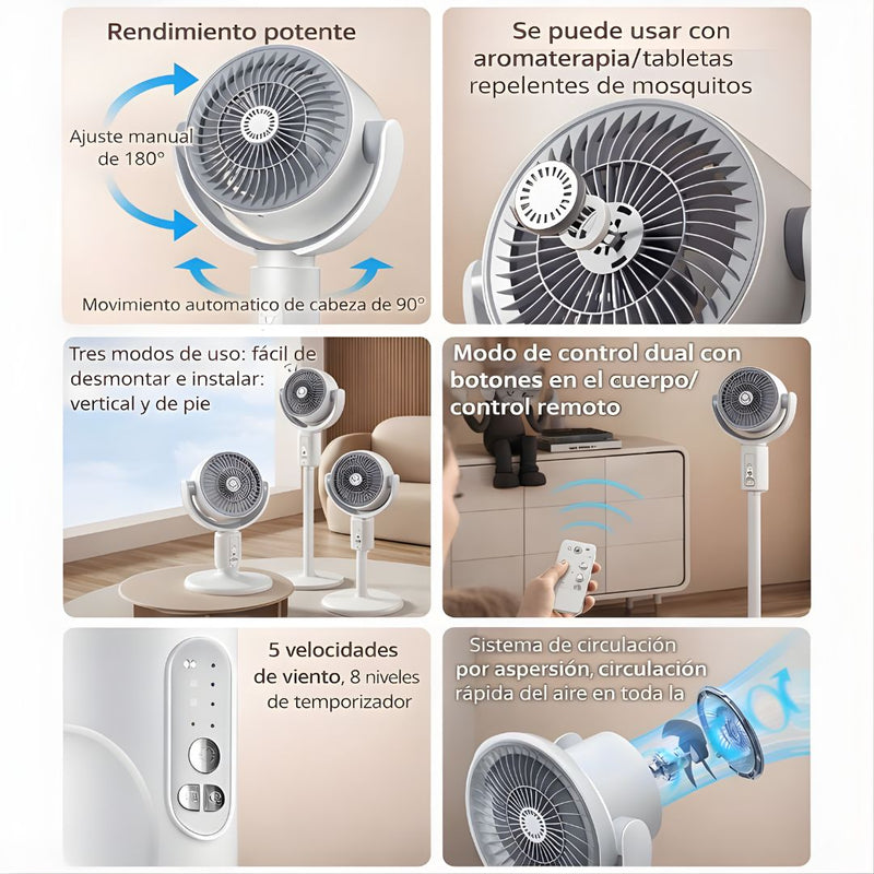 Ventilador Recargable Portátil con Control Remoto. Abanico plegable de 5 Velocidades y 3 niveles de altura ajustables. 4000mah