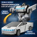 Juguete de Carro Transformable a Control Remoto para niños. CyberTruck 2 en 1 con Rotación 360° y Luces LED. Color Plateado.