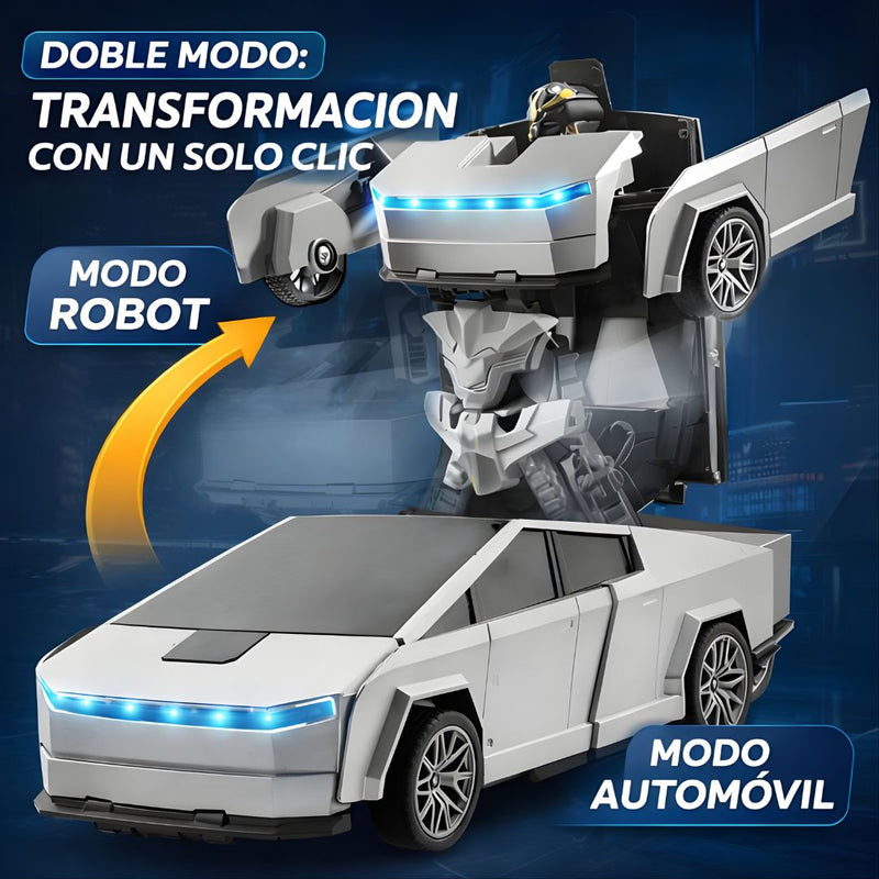 Juguete de Carro Transformable a Control Remoto para niños. CyberTruck 2 en 1 con Rotación 360° y Luces LED. Color Plateado.
