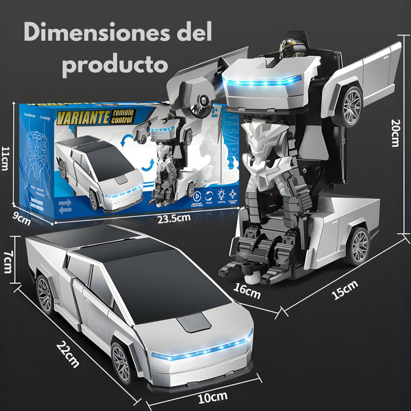 Juguete de Carro Transformable a Control Remoto para niños. CyberTruck 2 en 1 con Rotación 360° y Luces LED. Color Plateado.